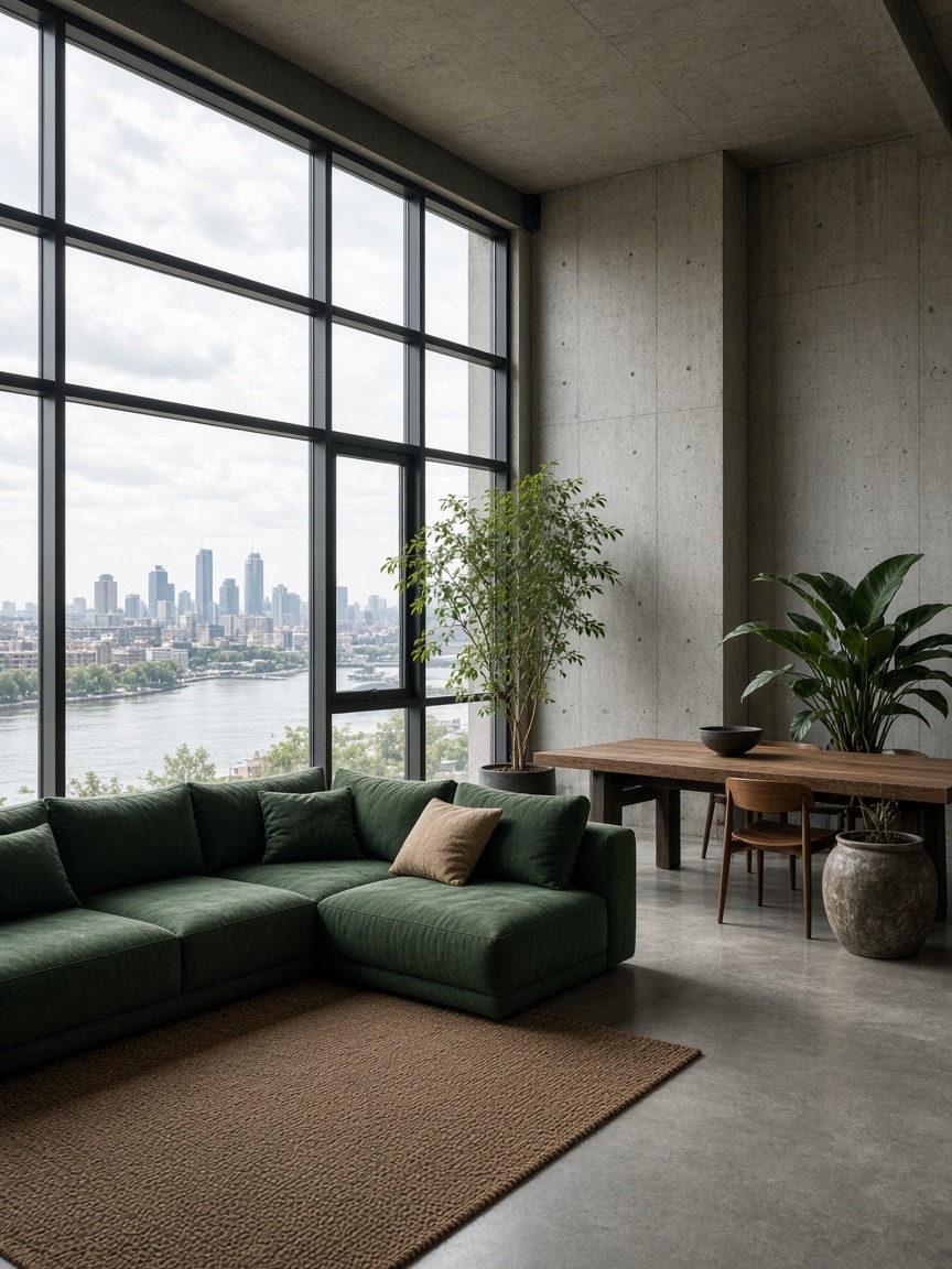 Interior, concrete loft, big windows