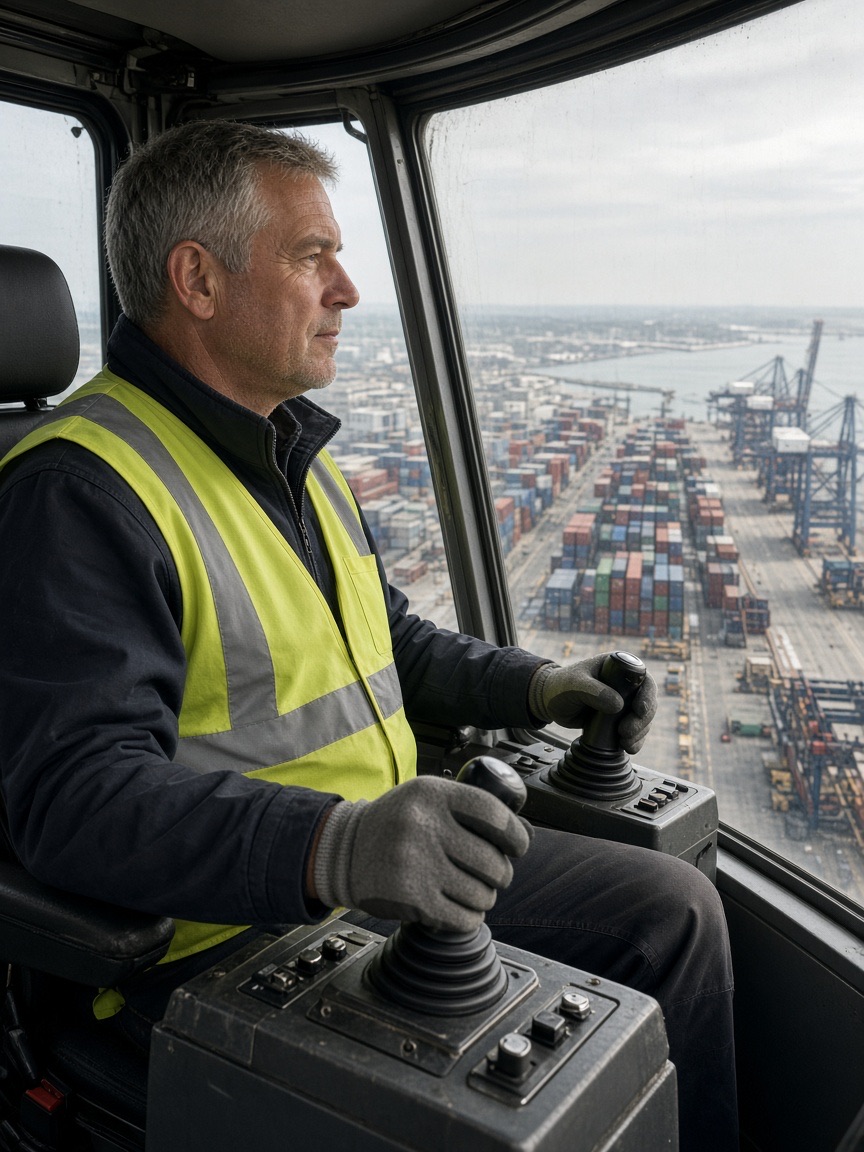Portrait, crane operator in the cabin