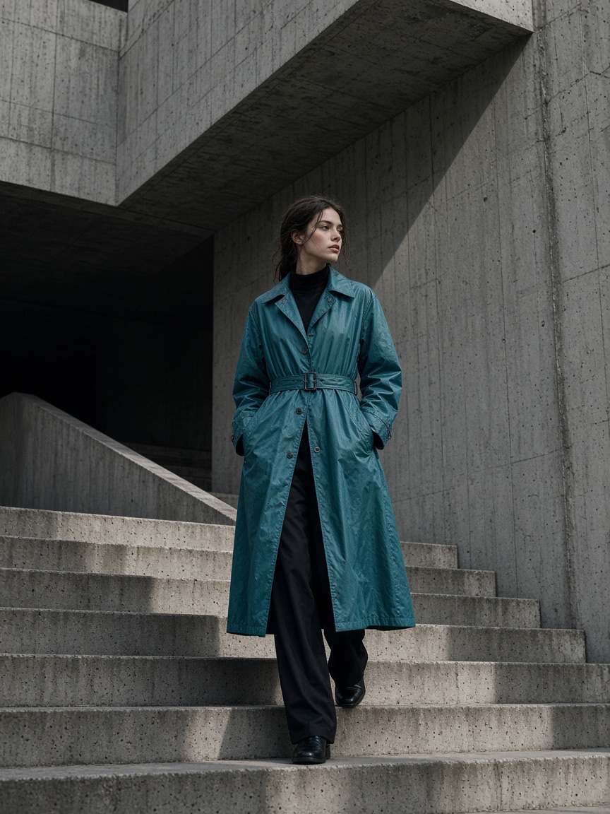 Fashion, raincoat on a concrete stair